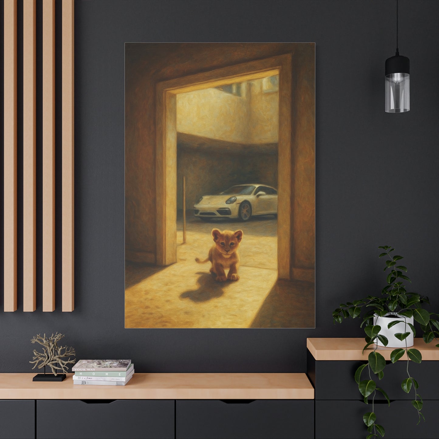 Canvas Wall Art - Lion Animal Sports Car Print