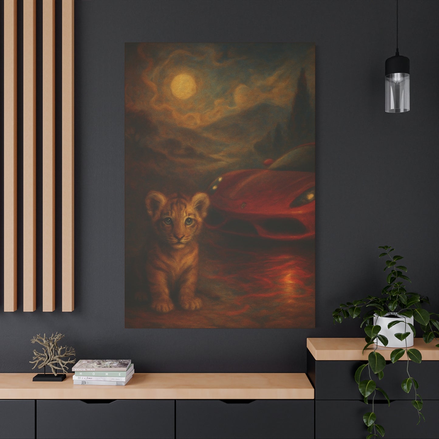 Canvas Wall Art - Lion and Sports Car Wildlife Print