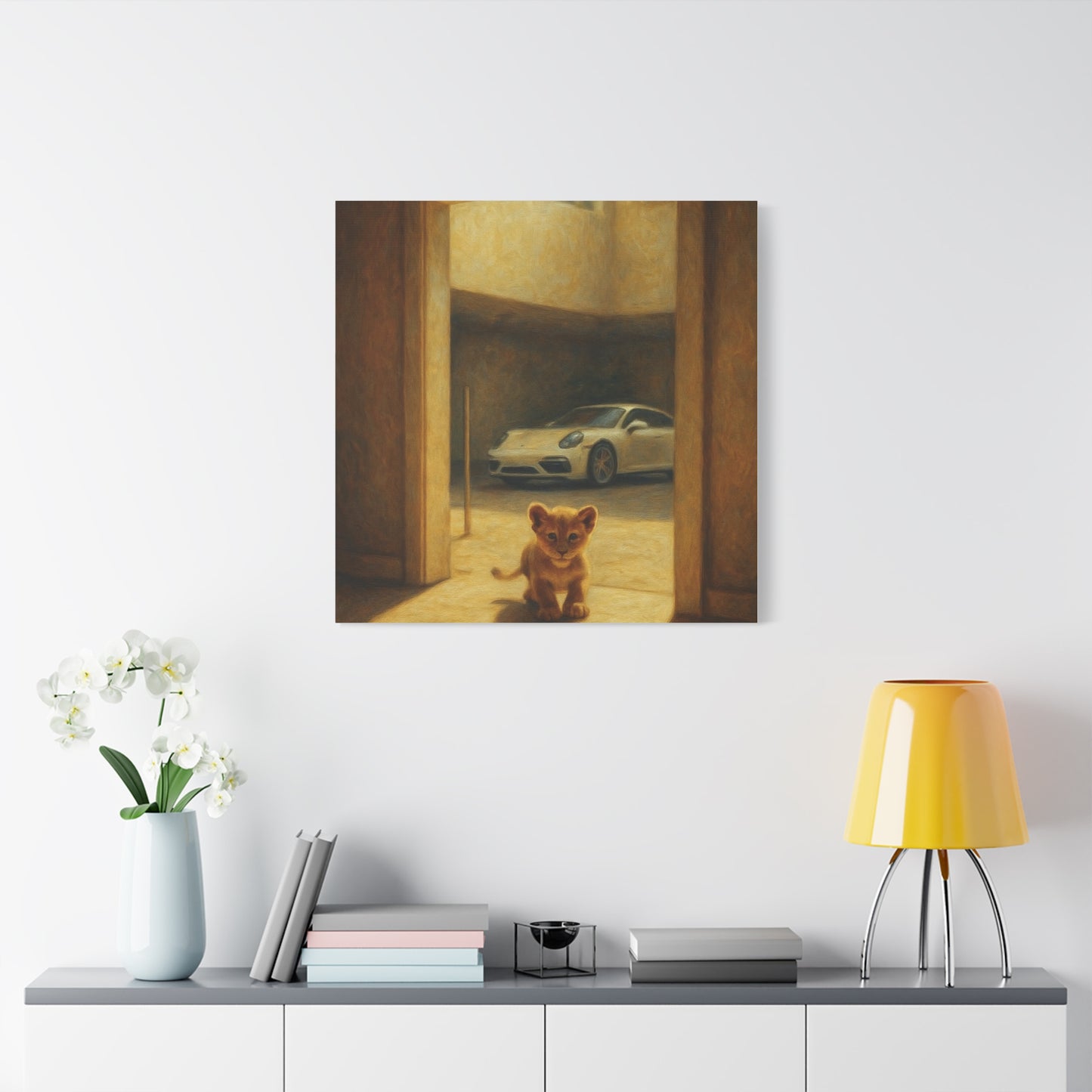 Canvas Wall Art - Lion Animal Sports Car Print