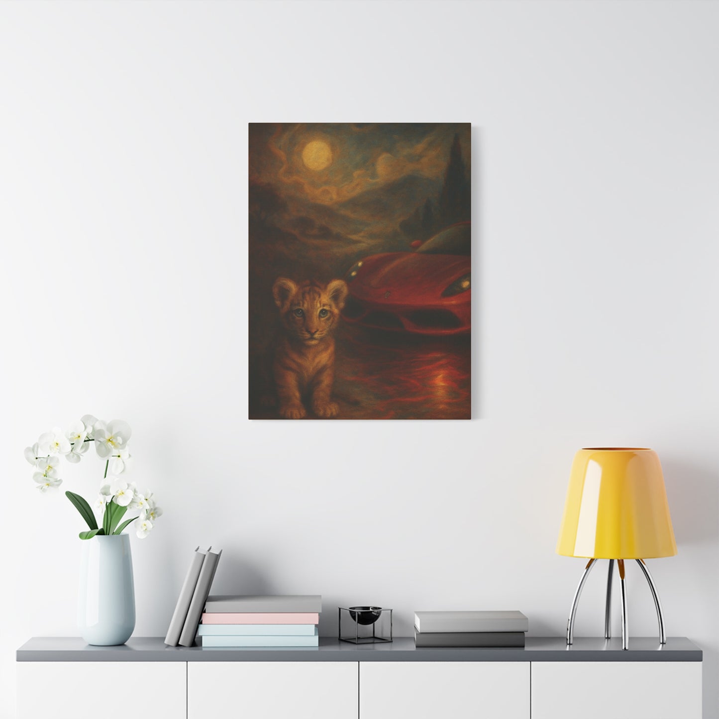 Canvas Wall Art - Lion and Sports Car Wildlife Print