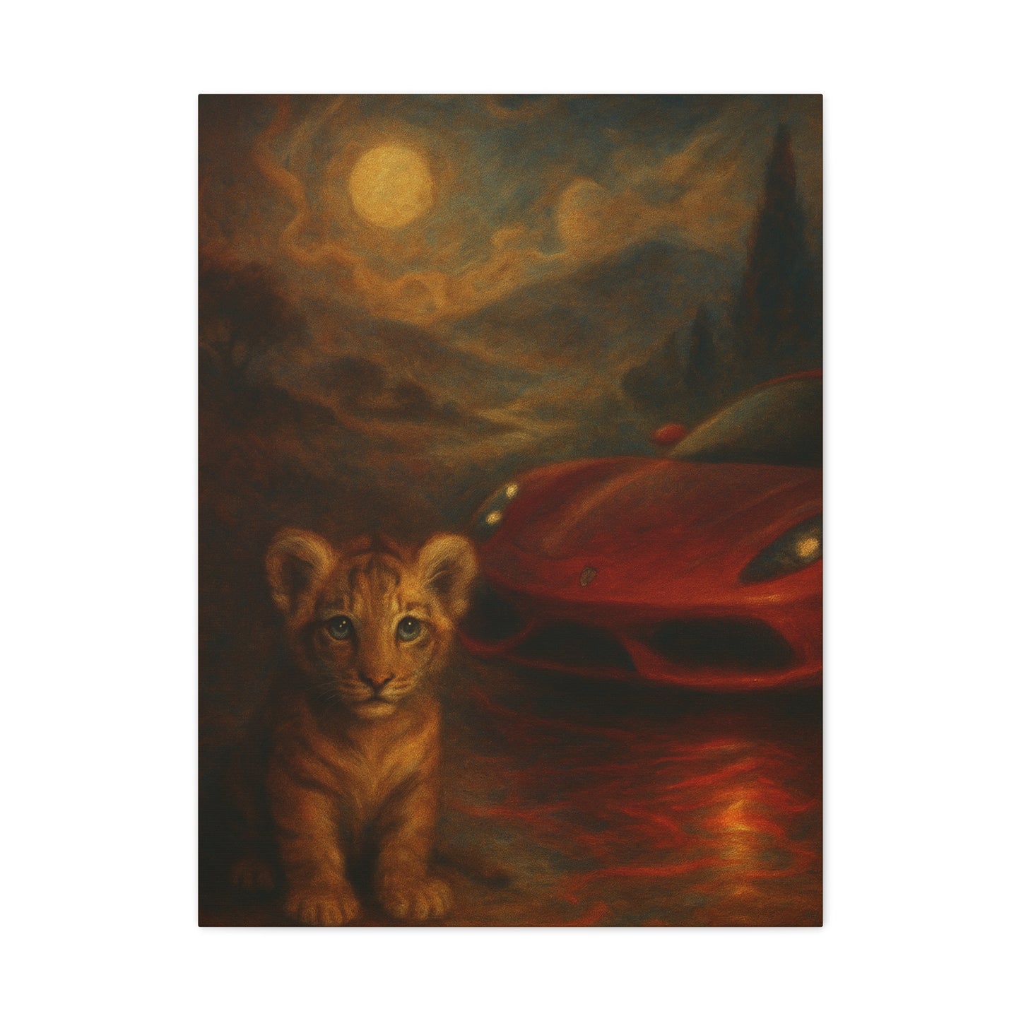 Canvas Wall Art - Lion and Sports Car Wildlife Print