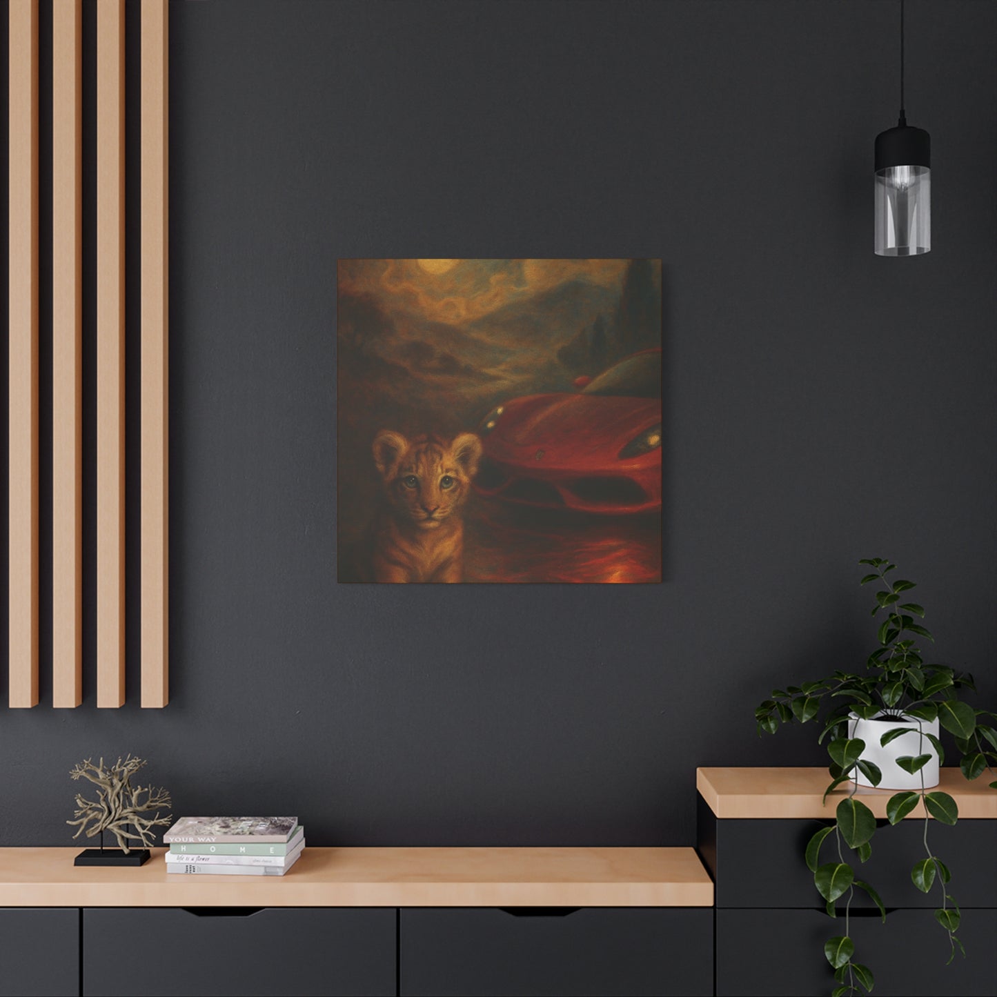 Canvas Wall Art - Lion and Sports Car Wildlife Print