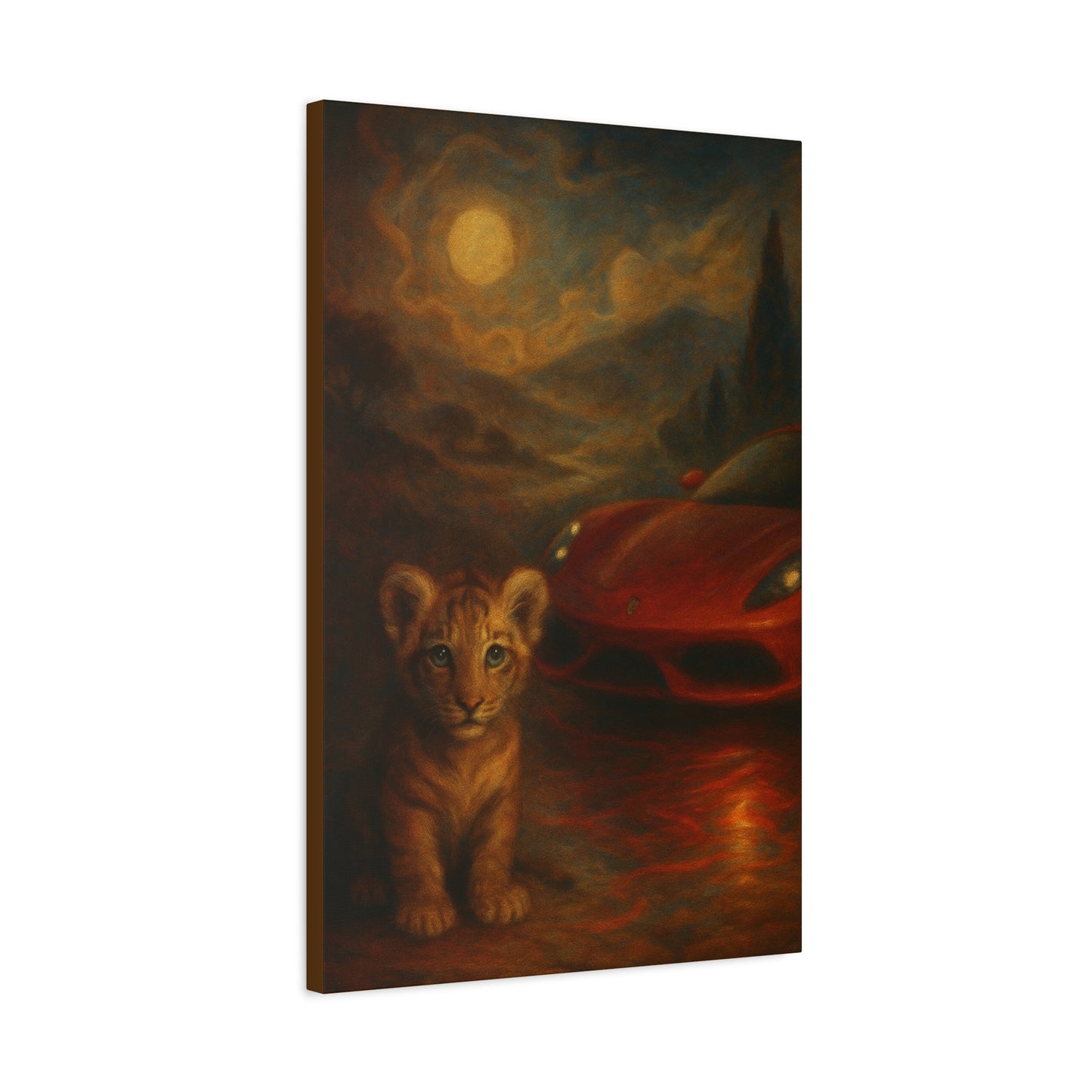 Canvas Wall Art - Lion and Sports Car Wildlife Print