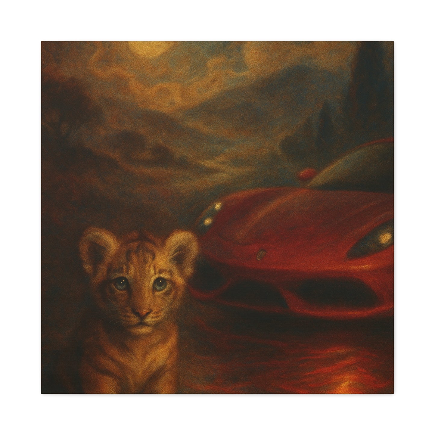 Canvas Wall Art - Lion and Sports Car Wildlife Print