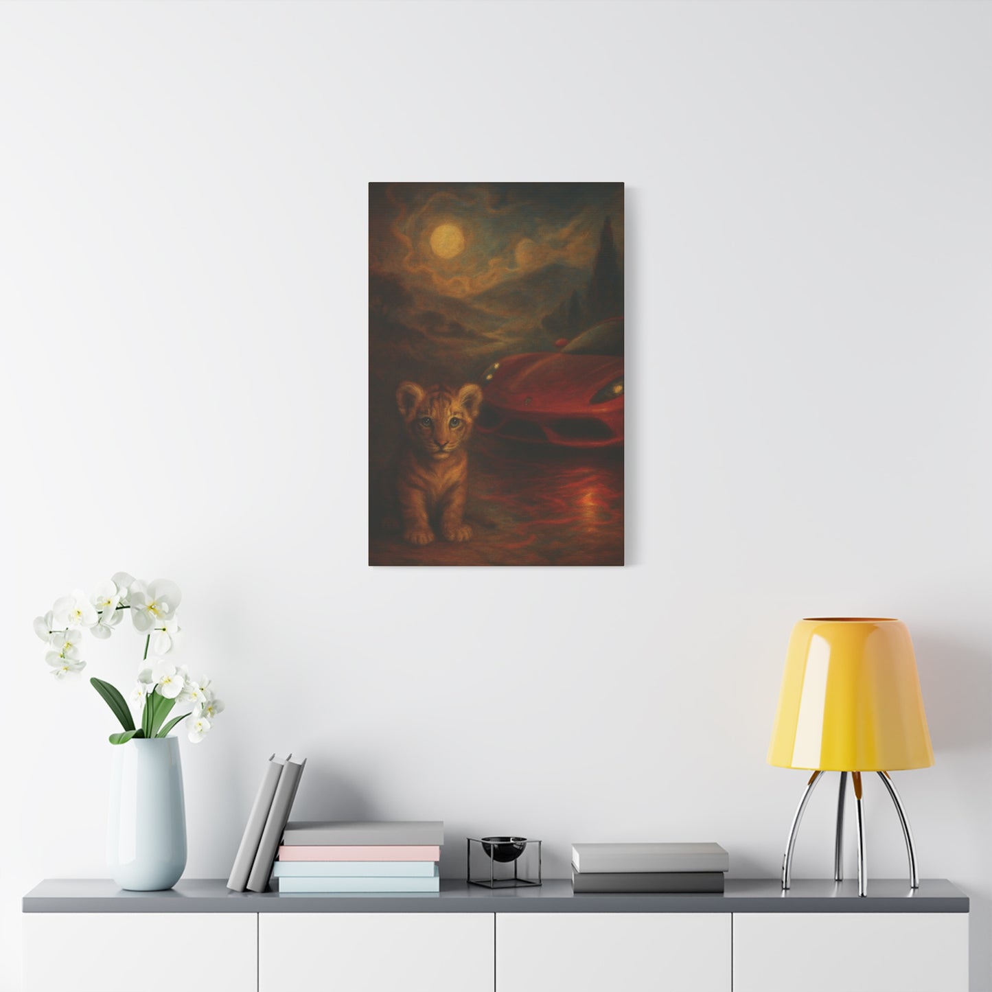 Canvas Wall Art - Lion and Sports Car Wildlife Print