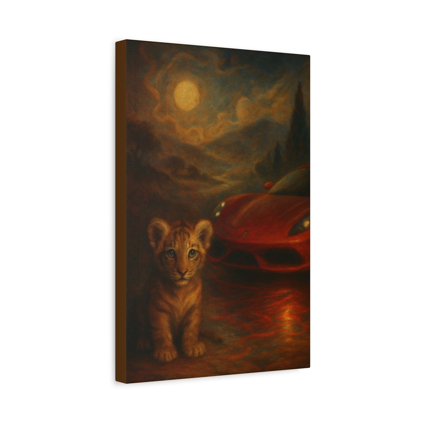 Canvas Wall Art - Lion and Sports Car Wildlife Print