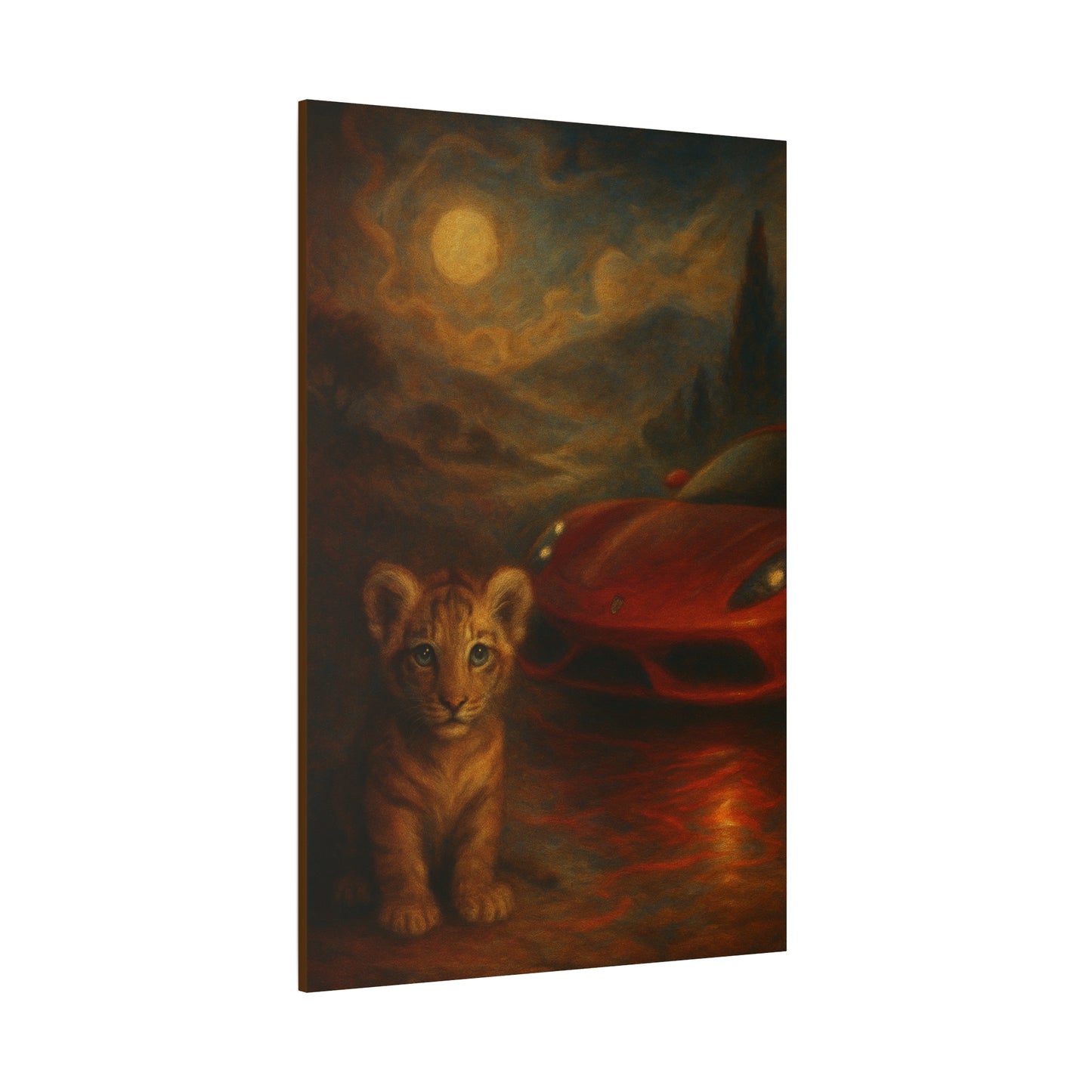 Canvas Wall Art - Lion and Sports Car Wildlife Print