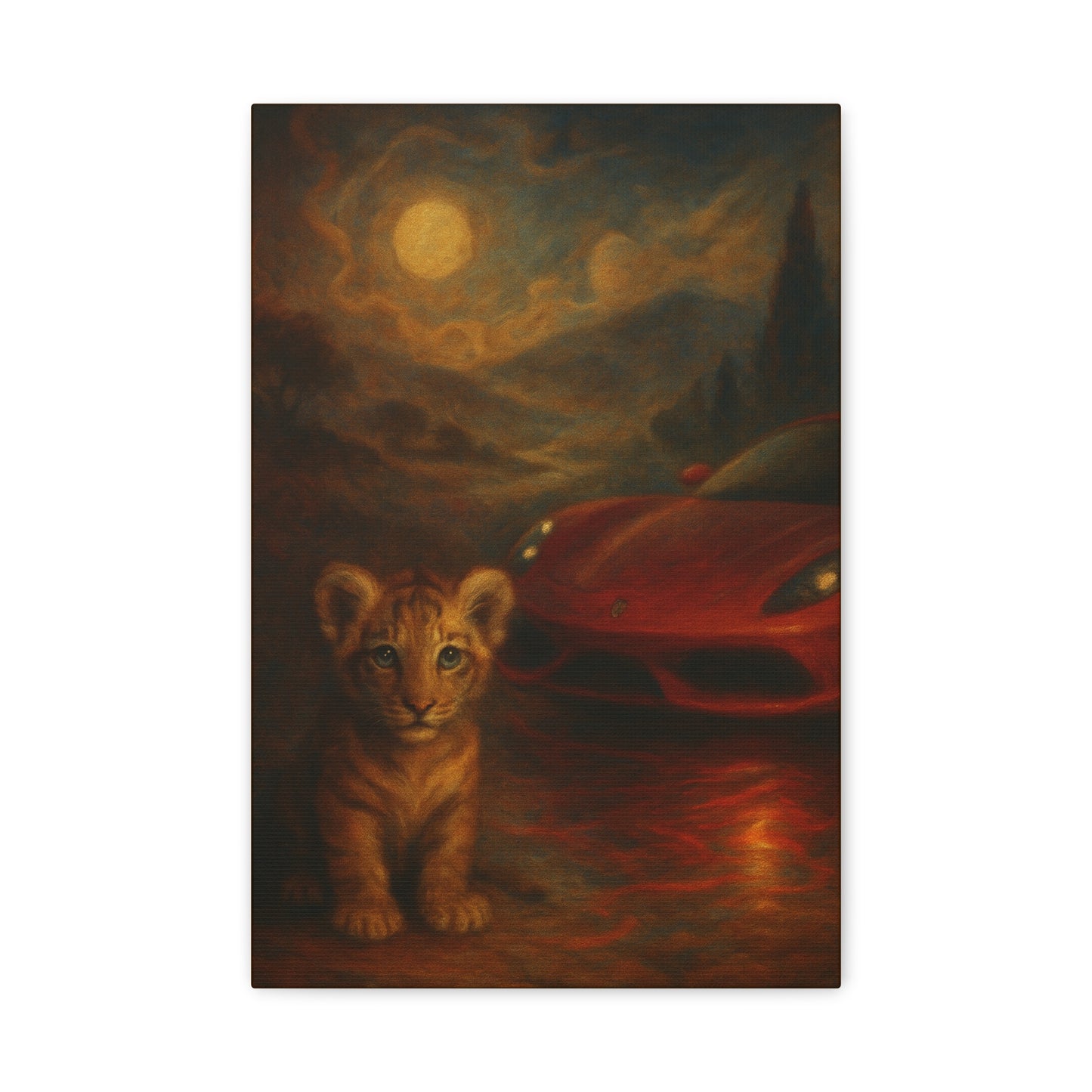 Canvas Wall Art - Lion and Sports Car Wildlife Print