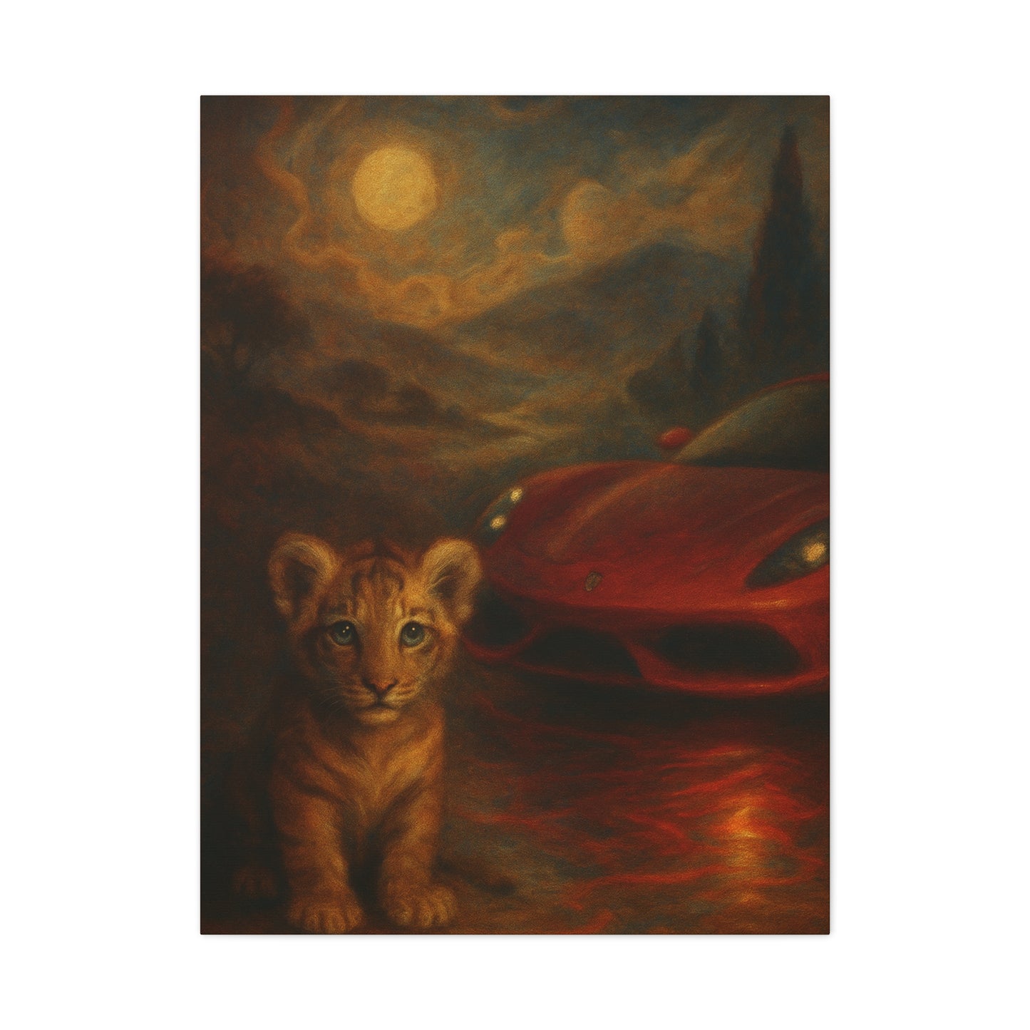 Canvas Wall Art - Lion and Sports Car Wildlife Print