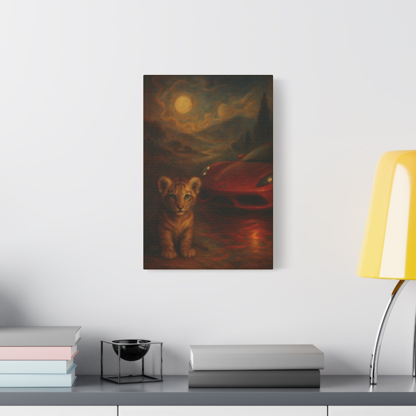 Canvas Wall Art - Lion and Sports Car Wildlife Print