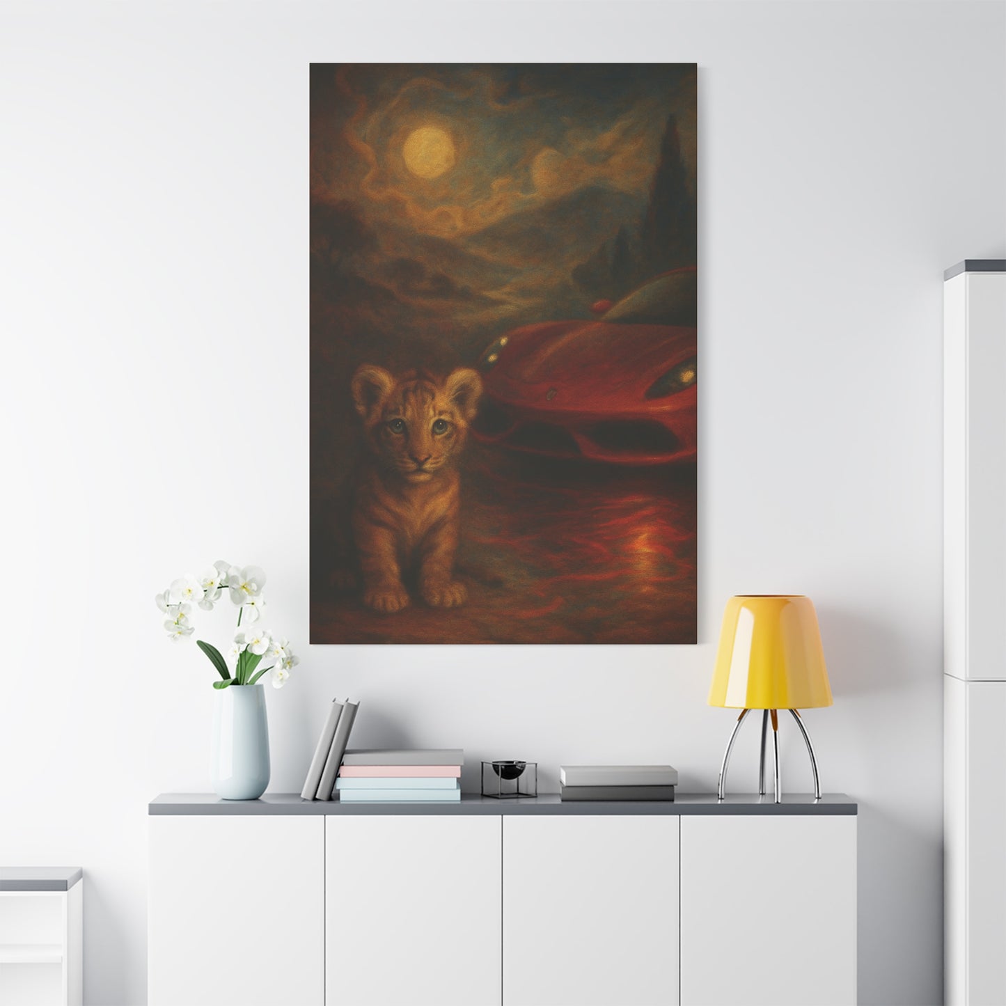 Canvas Wall Art - Lion and Sports Car Wildlife Print
