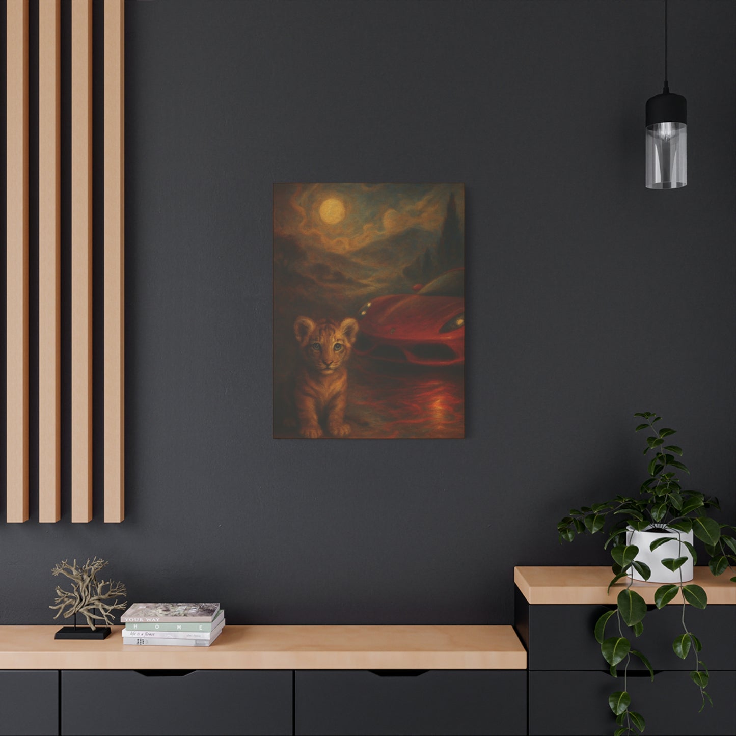 Canvas Wall Art - Lion and Sports Car Wildlife Print