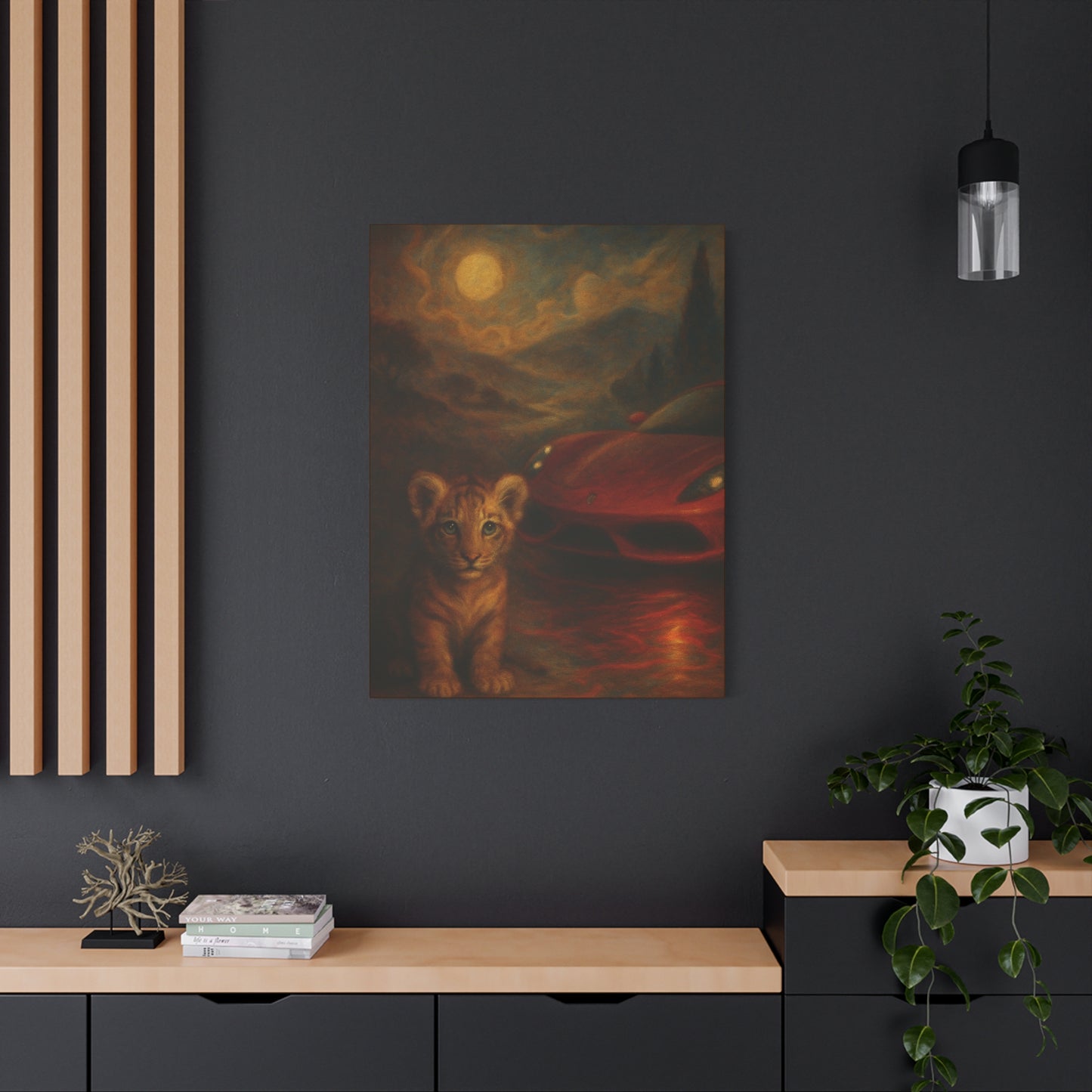 Canvas Wall Art - Lion and Sports Car Wildlife Print