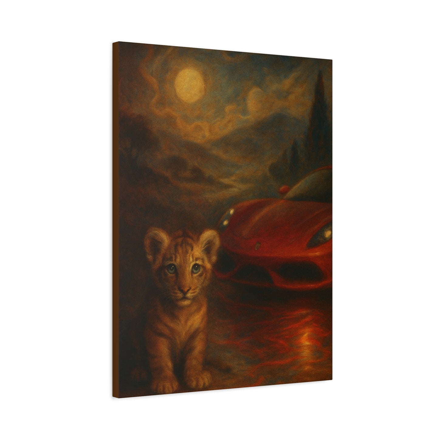 Canvas Wall Art - Lion and Sports Car Wildlife Print